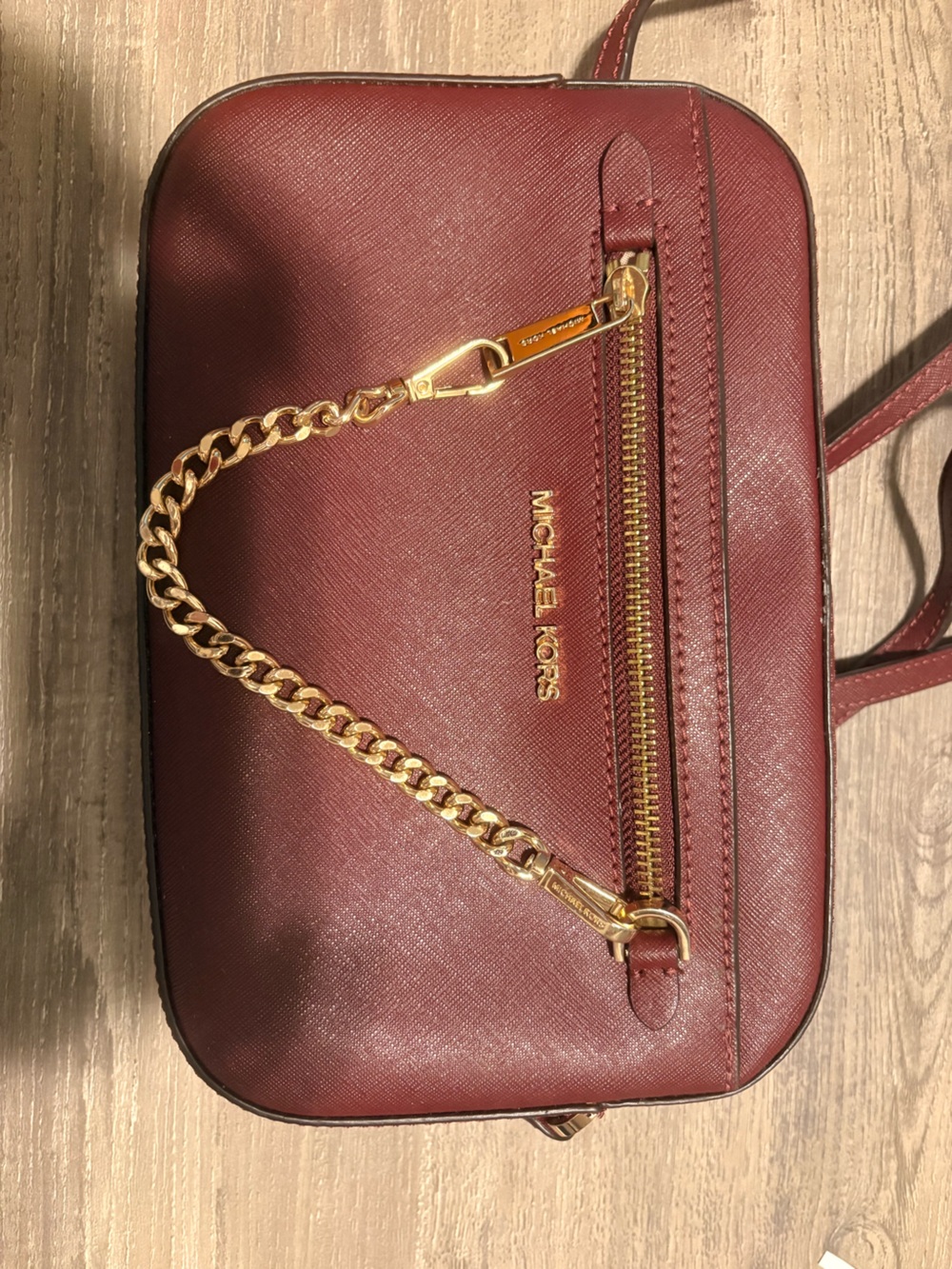 Michael Kors Wine Saffiano Leather Shoulder Bag with Gold Chain